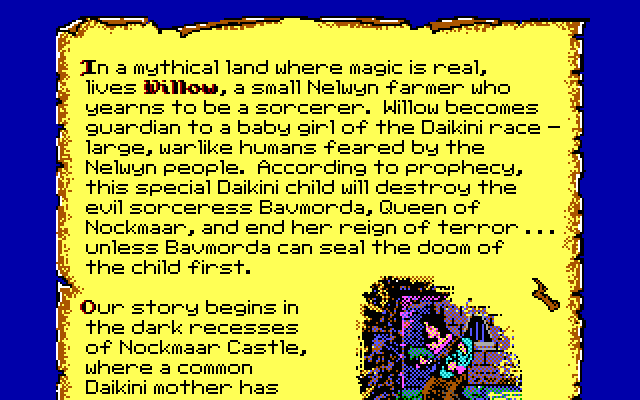 Willow IBM PC/Compatibles Screenshot: The scroll tells the story and allows you to select different parts of the game to play.