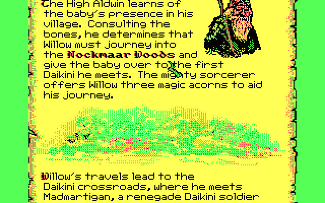 Willow IBM PC/Compatibles Screenshot: Click on bold words to begin part of the game.