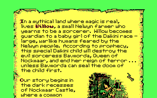 Willow IBM PC/Compatibles Screenshot: The scroll tells the story of the game and allows you to select the next part to play.
