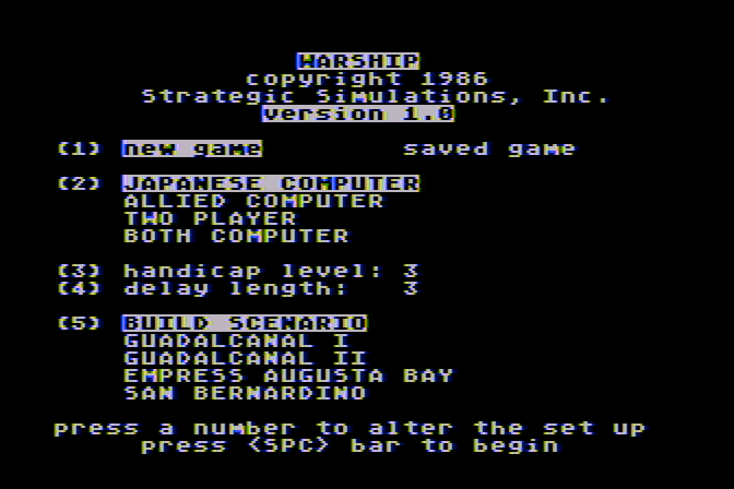 Warship Atari 8-bit Screenshot: Title screen and menu.