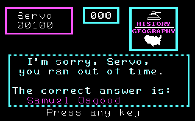 3-K Trivia IBM PC/Compatibles Screenshot: Uh oh, I ran out of time!