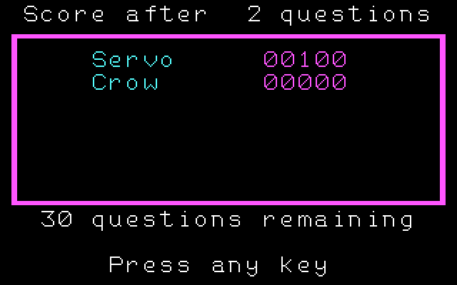 3-K Trivia IBM PC/Compatibles Screenshot: The scores so far...