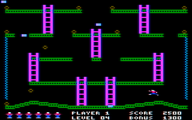 Jumpman IBM PC/Compatibles Screenshot: Those blue blocks will cause Jumpman to jump in a random direction.