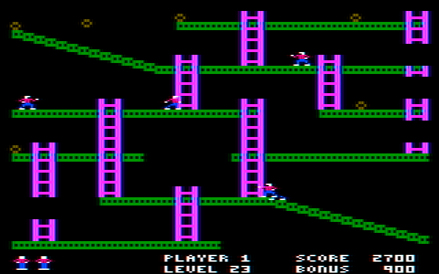 Jumpman IBM PC/Compatibles Screenshot: Several copies of Jumpman are in pursuit of the real one!