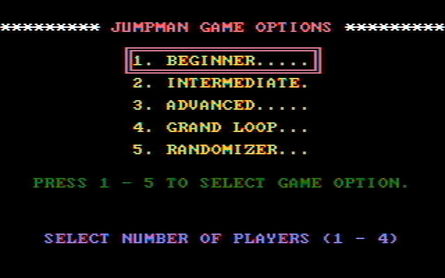 Jumpman IBM PC/Compatibles Screenshot: Select game options to begin.