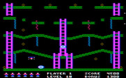 Jumpman for IBM PC/Compatibles - Fell again! Those rapidly moving wheels knock Jumpman off of the platform...