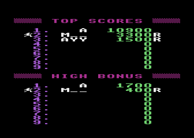 Jumpman Atari 8-bit Screenshot: The high score table.
