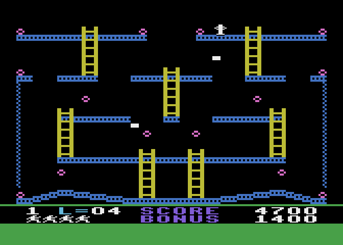 Jumpman Atari 8-bit Screenshot: Jumping blocks; the flashing blocks cause Jumpman to jump in a random direction.