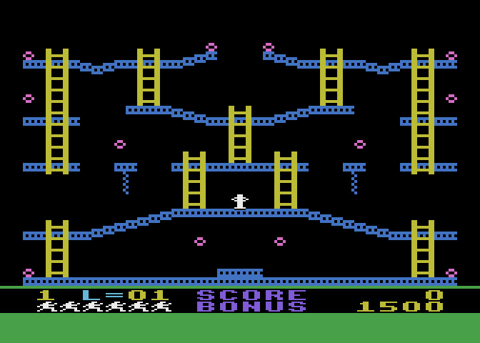 Jumpman Atari 8-bit Screenshot: Game start; easy does it!