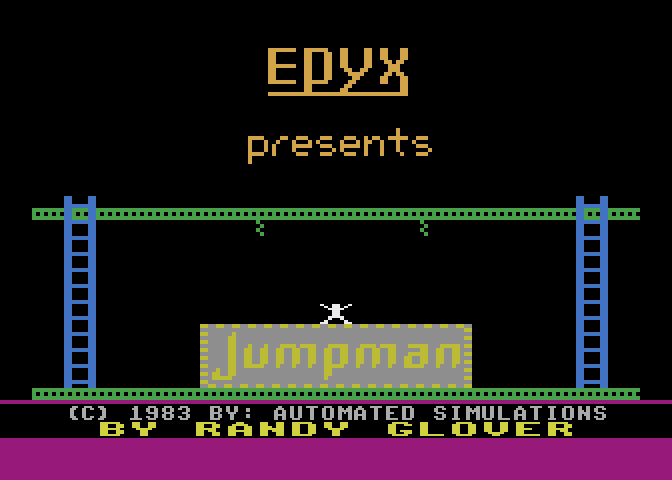 Jumpman Atari 8-bit Screenshot: Title screen.