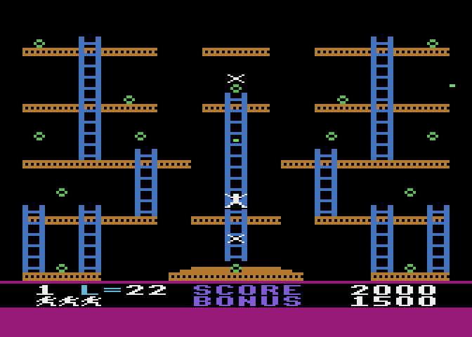 Jumpman Atari 8-bit Screenshot: Trapped on a ladder!