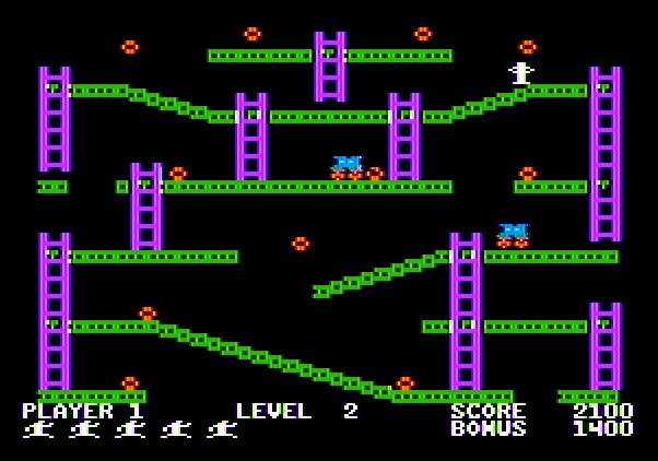 Jumpman Apple II Screenshot: Robots are on the move, be sure to avoid them!