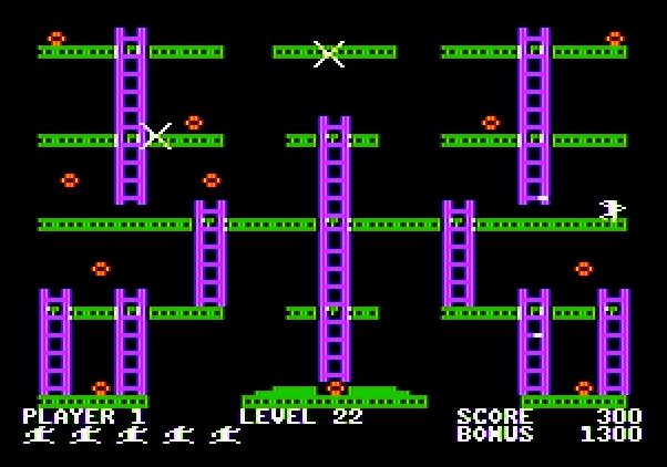 Jumpman Apple II Screenshot: Those sparkling "X" shapes will freeze Jumpman temporarily, which may be deadly!
