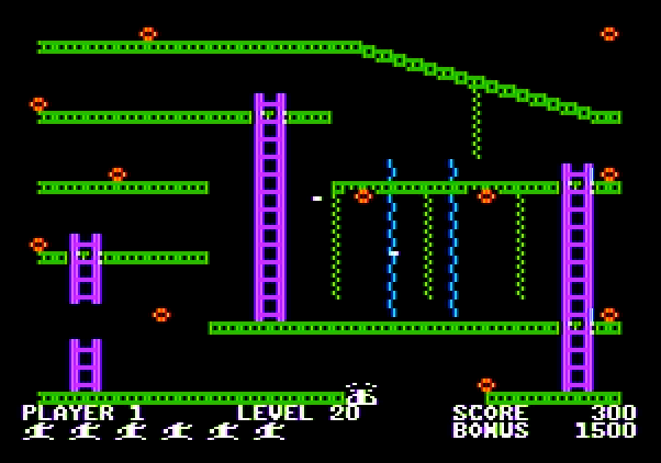 Jumpman Apple II Screenshot: A wrong move, and the floor disappeared!