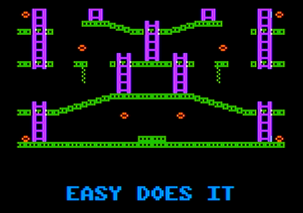 Jumpman Apple II Screenshot: The first level, Easy Does It, scrolls into view...