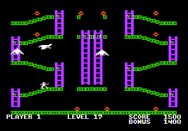 Jumpman Apple II Screenshot: Each level has a different layout, and in some cases a unique opponent.