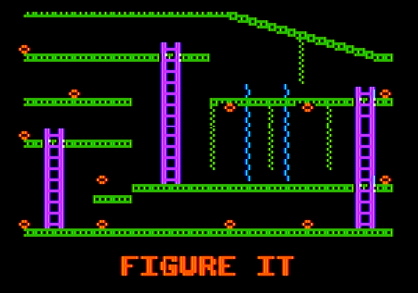 Jumpman Apple II Screenshot: Figure It - There are many hidden traps on this level!