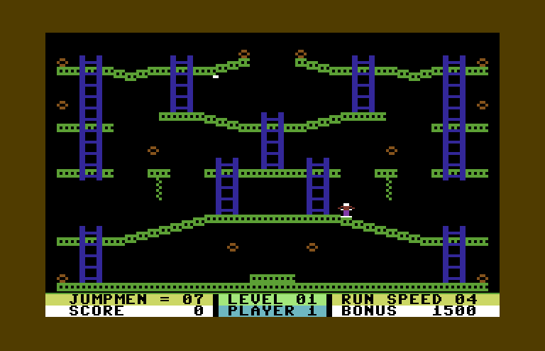 Jumpman Commodore 64 Screenshot: Start of level 1.