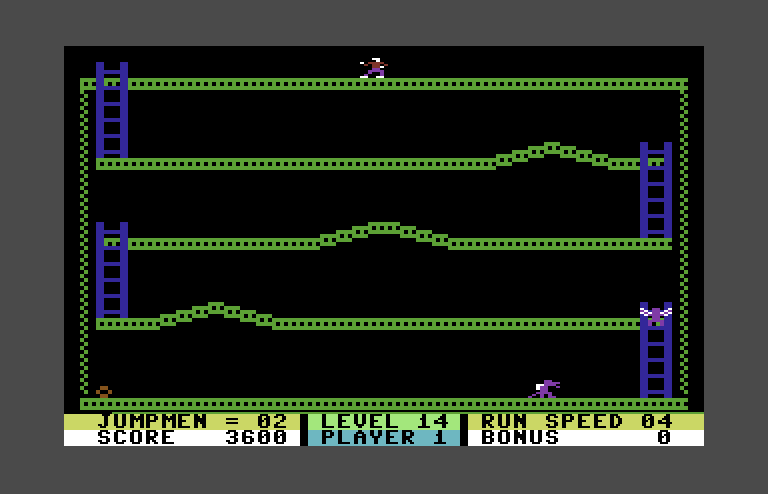 Jumpman Commodore 64 Screenshot: Here come the dragons! On this level, you can't jump but instead have some spears...