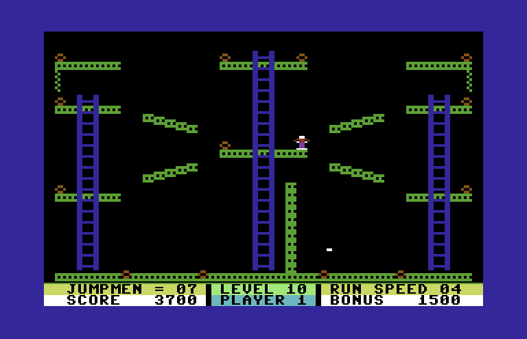 Jumpman Commodore 64 Screenshot: On some levels platforms can appear or disappear each time a bomb is retrieved.