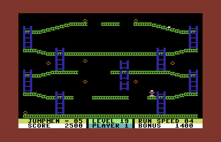 Jumpman Commodore 64 Screenshot: The ladder in the middle moves, that's the challenge...