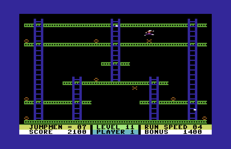 Jumpman Commodore 64 Screenshot: Jumping...the bombs get up and walk away on this level!