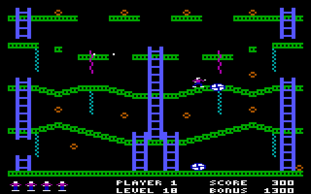 Jumpman IBM PC/Compatibles Screenshot: Don't run into those wheels!