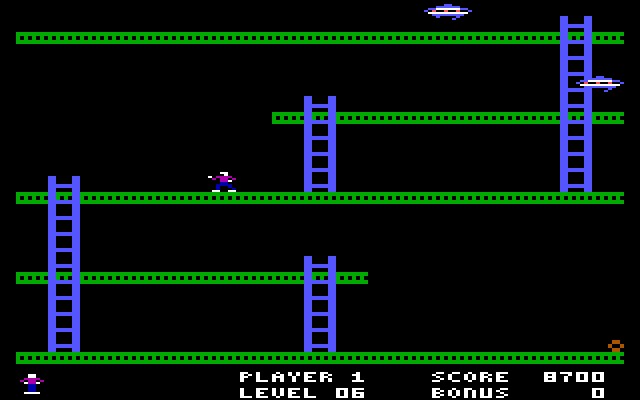 Jumpman IBM PC/Compatibles Screenshot: Flying saucers chase you on this level.