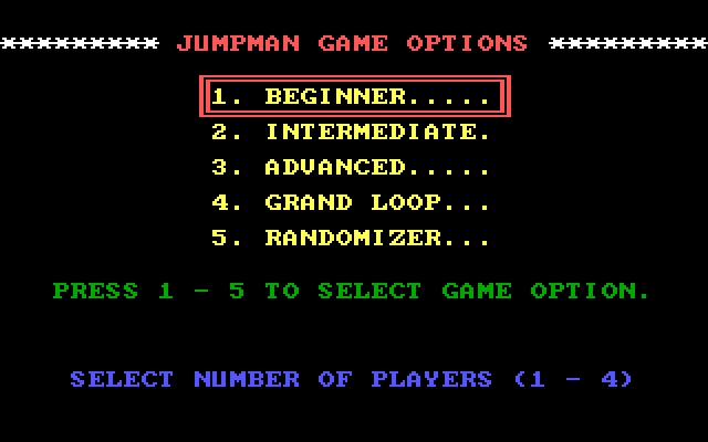 Jumpman IBM PC/Compatibles Screenshot: The main menu.