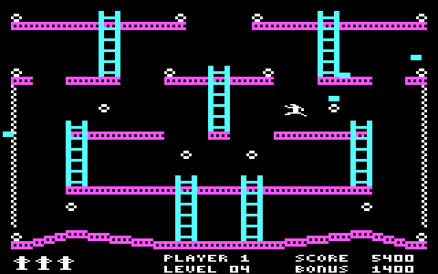 Jumpman IBM PC/Compatibles Screenshot: On this level if one of those blocks touches Jumpman he'll jump in a random direction regardless if doing so is safe.