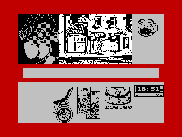 Sidewalk ZX Spectrum Screenshot: Enter the bar to replenish energy...
