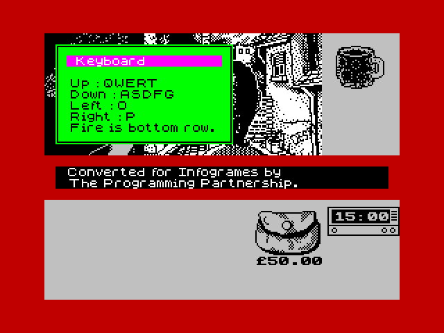 Sidewalk ZX Spectrum Screenshot: You can choose to play with the keyboard or several joystick types.