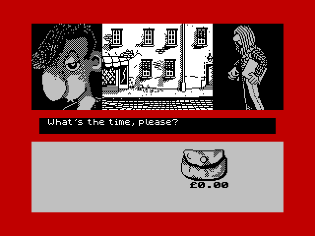 Sidewalk ZX Spectrum Screenshot: Asking for the time...