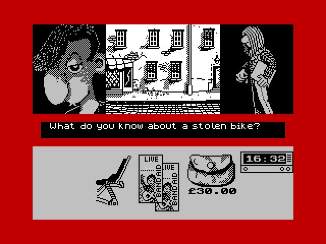 Sidewalk ZX Spectrum Screenshot: Still searching for my stolen bike...