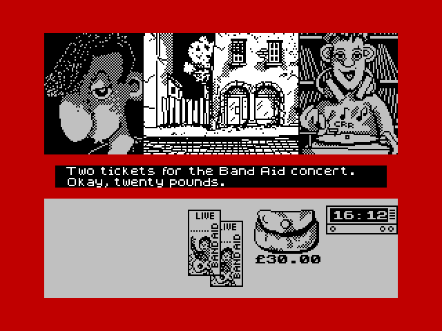 Sidewalk ZX Spectrum Screenshot: Buying some tickets...