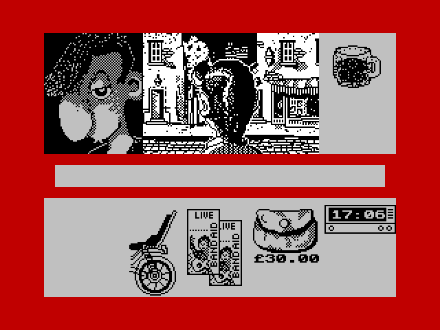 Sidewalk ZX Spectrum Screenshot: Walking into town...