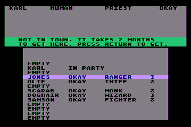 Phantasie Atari 8-bit Screenshot: Putting together my party.