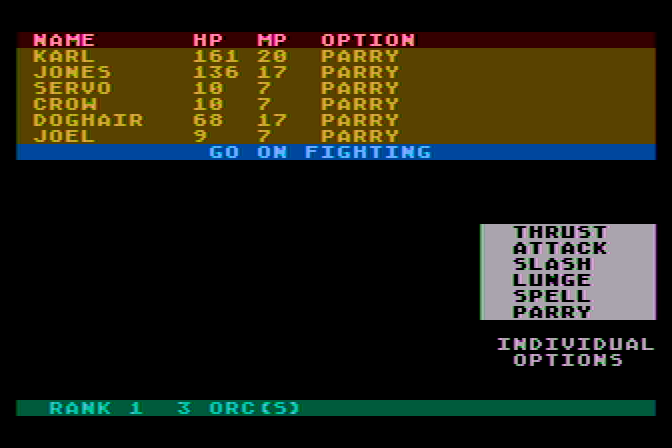 Phantasie Atari 8-bit Screenshot: Fighting options.