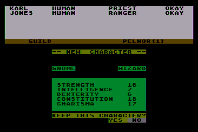 Phantasie Atari 8-bit Screenshot: Creating a new character.