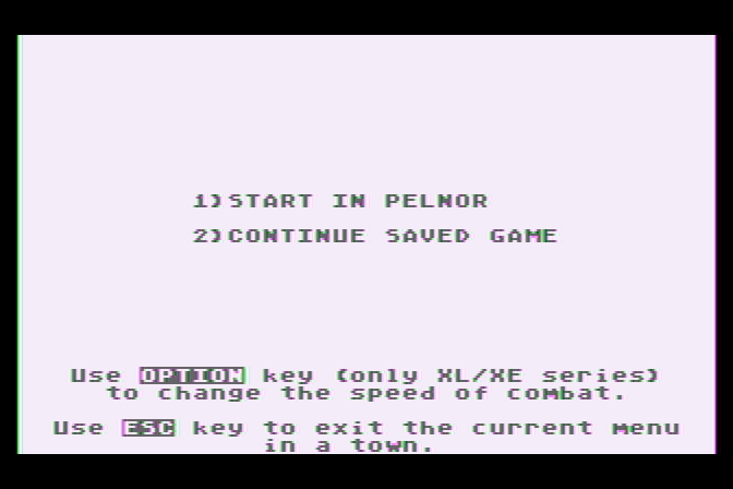 Phantasie Atari 8-bit Screenshot: Start a new game, or continue a saved game?