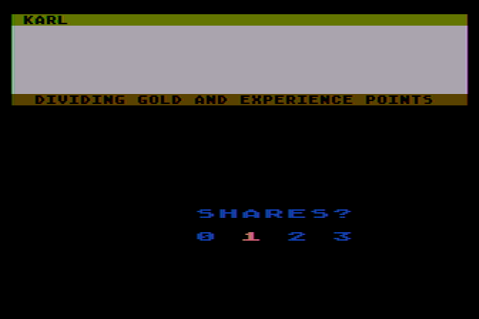Phantasie Atari 8-bit Screenshot: Dividing gold and XP among my party.