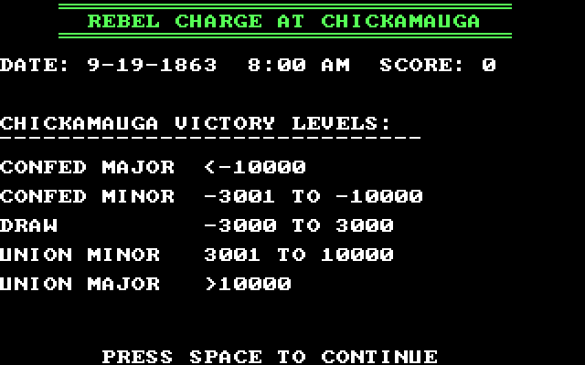 Rebel Charge at Chickamauga IBM PC/Compatibles Screenshot: Setting victory levels.