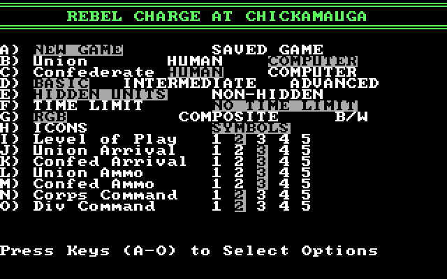 Rebel Charge at Chickamauga IBM PC/Compatibles Screenshot: Setting options for a new game.