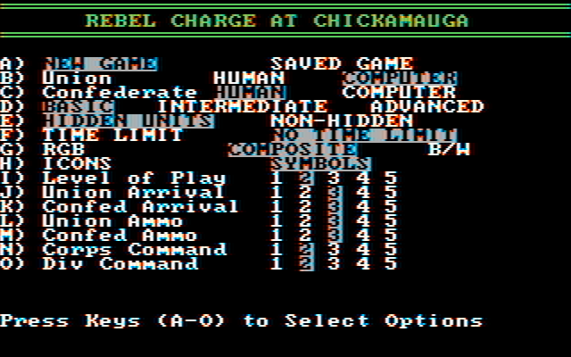 Rebel Charge at Chickamauga IBM PC/Compatibles Screenshot: Setting up some options for a new game.