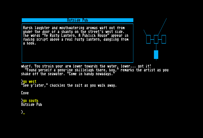 Beyond Zork: The Coconut of Quendor Commodore 128 Screenshot: Outside a pub...