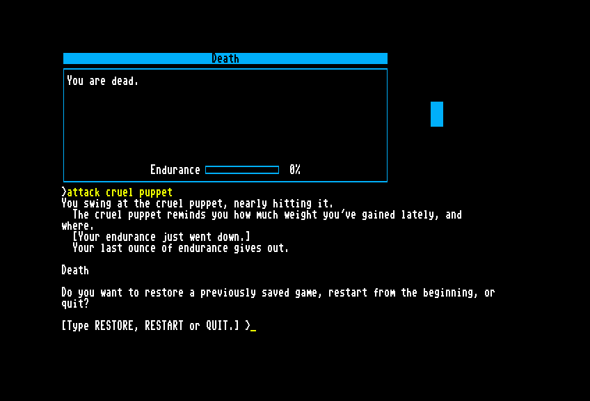 Beyond Zork: The Coconut of Quendor Commodore 128 Screenshot: Game over; try again?