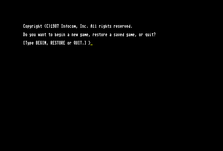 Beyond Zork: The Coconut of Quendor Commodore 128 Screenshot: Start a new game, or restore a game?