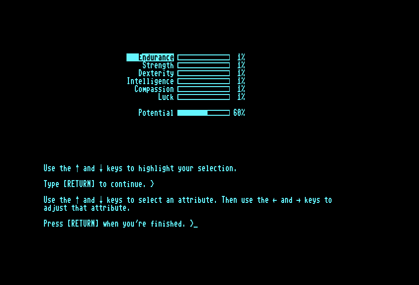 Beyond Zork: The Coconut of Quendor Commodore 128 Screenshot: Creating a new character.
