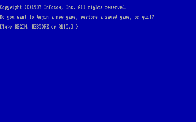 Beyond Zork: The Coconut of Quendor IBM PC/Compatibles Screenshot: Start a new game, or restore a game?