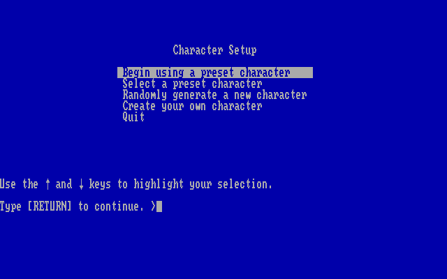 Beyond Zork: The Coconut of Quendor IBM PC/Compatibles Screenshot: The character setup menu.